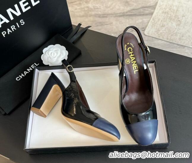 New Style Chanel Calfskin Slingback Pumps 9cm with Side CC G45566 Black/Blue 424009