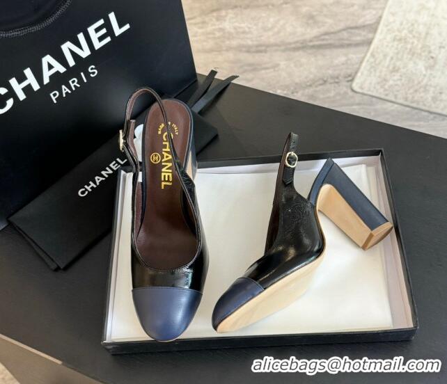 New Style Chanel Calfskin Slingback Pumps 9cm with Side CC G45566 Black/Blue 424009