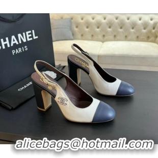 Pretty Style Chanel Calfskin Slingback Pumps 9cm with Side CC G45566 White/Blue 424011