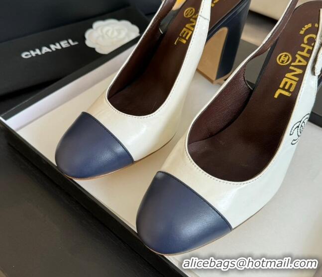 Pretty Style Chanel Calfskin Slingback Pumps 9cm with Side CC G45566 White/Blue 424011