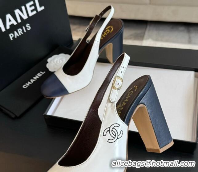 Pretty Style Chanel Calfskin Slingback Pumps 9cm with Side CC G45566 White/Blue 424011