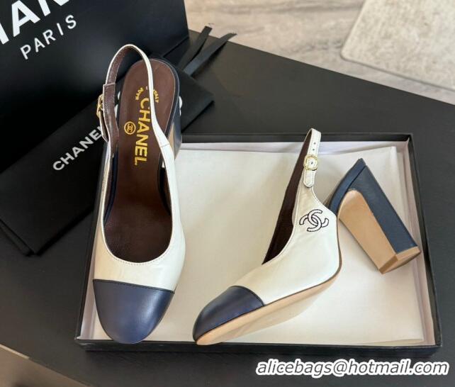 Pretty Style Chanel Calfskin Slingback Pumps 9cm with Side CC G45566 White/Blue 424011