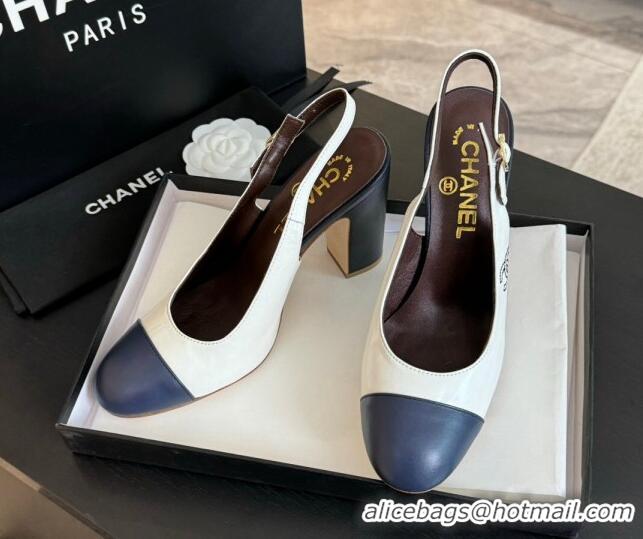 Pretty Style Chanel Calfskin Slingback Pumps 9cm with Side CC G45566 White/Blue 424011