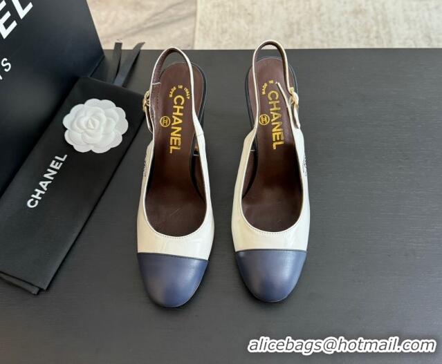 Pretty Style Chanel Calfskin Slingback Pumps 9cm with Side CC G45566 White/Blue 424011