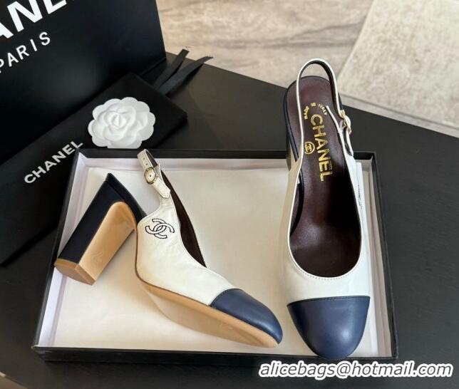 Pretty Style Chanel Calfskin Slingback Pumps 9cm with Side CC G45566 White/Blue 424011