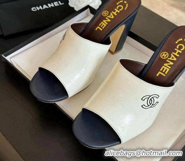 Duplicate Chanel Calfskin Slide Sandals 9.5cm with Side CC G45566 White 424012