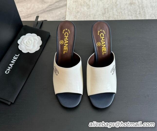 Duplicate Chanel Calfskin Slide Sandals 9.5cm with Side CC G45566 White 424012