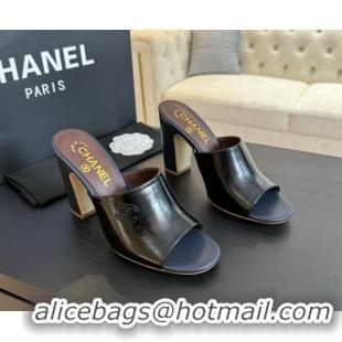 Stylish Chanel Calfskin Slide Sandals 9.5cm with Side CC G45566 Black 424013