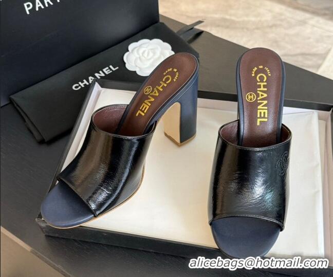 Stylish Chanel Calfskin Slide Sandals 9.5cm with Side CC G45566 Black 424013