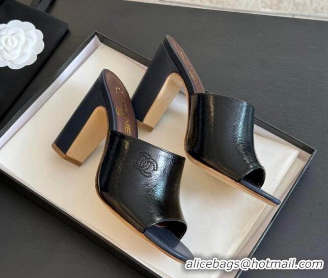 Stylish Chanel Calfskin Slide Sandals 9.5cm with Side CC G45566 Black 424013