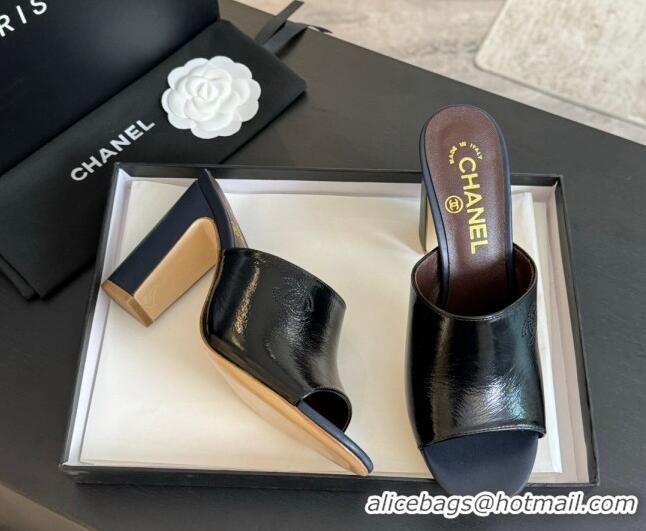 Stylish Chanel Calfskin Slide Sandals 9.5cm with Side CC G45566 Black 424013