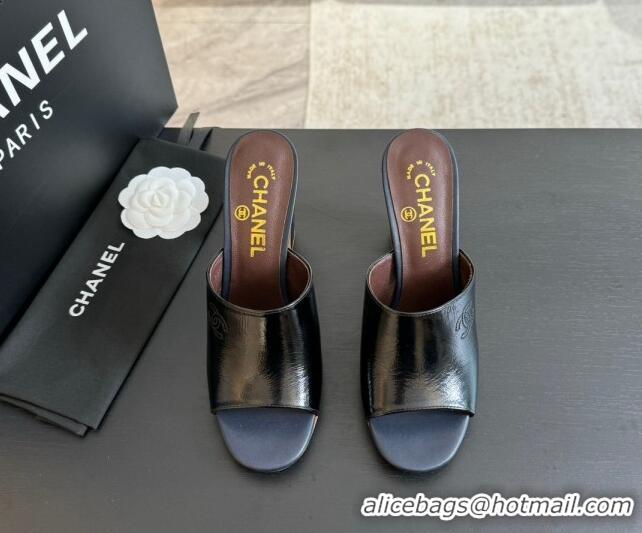 Stylish Chanel Calfskin Slide Sandals 9.5cm with Side CC G45566 Black 424013