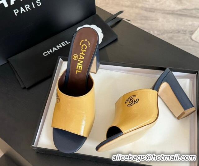 Best Price Chanel Calfskin Slide Sandals 9.5cm with Side CC G45566 Yellow 424014