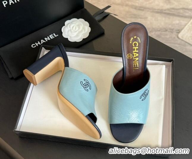 Luxurious Chanel Calfskin Slide Sandals 9.5cm with Side CC G45566 Light Green 424015