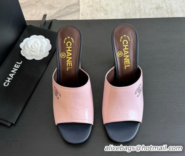 Unique Style Chanel Calfskin Slide Sandals 9.5cm with Side CC G45566 Pink 0424016