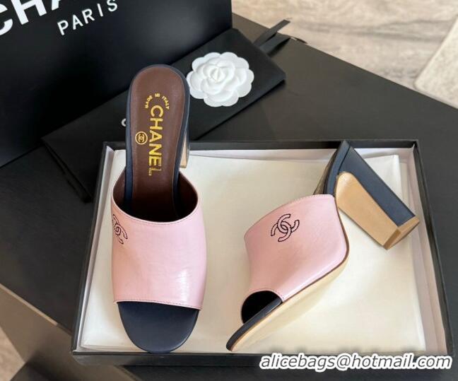 Unique Style Chanel Calfskin Slide Sandals 9.5cm with Side CC G45566 Pink 0424016