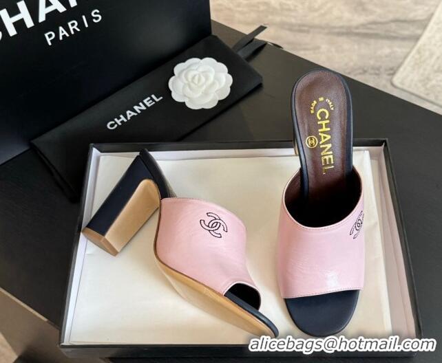 Unique Style Chanel Calfskin Slide Sandals 9.5cm with Side CC G45566 Pink 0424016