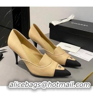 Hot Style Chanel Lambskin & Grosgrain Pointed Pumps 7.5cm Beige 424023