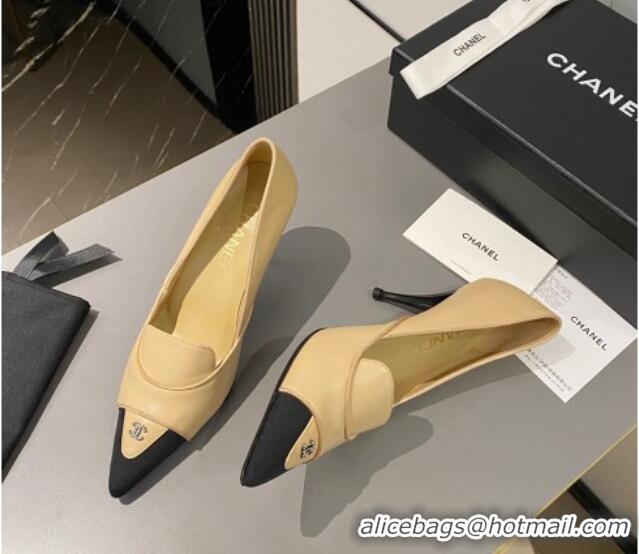 Hot Style Chanel Lambskin & Grosgrain Pointed Pumps 7.5cm Beige 424023