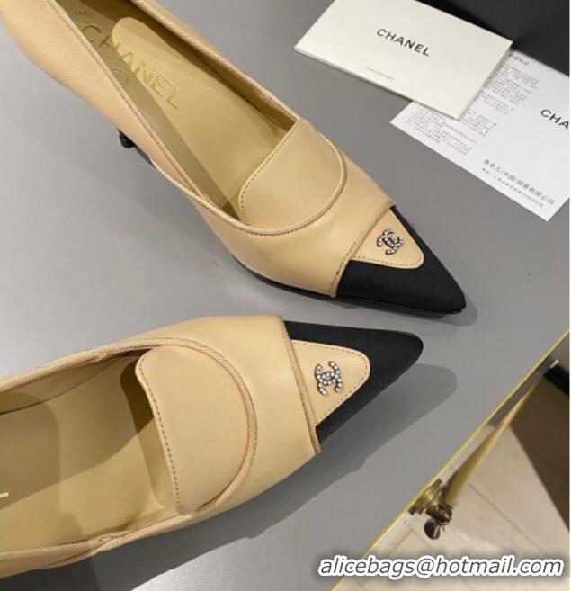 Hot Style Chanel Lambskin & Grosgrain Pointed Pumps 7.5cm Beige 424023