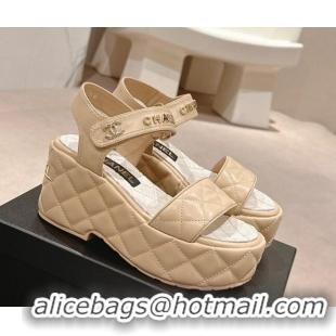 Best Grade Chanel Quilted Lambskin Wedge Platform Sandals 7.5cm Beige 424024