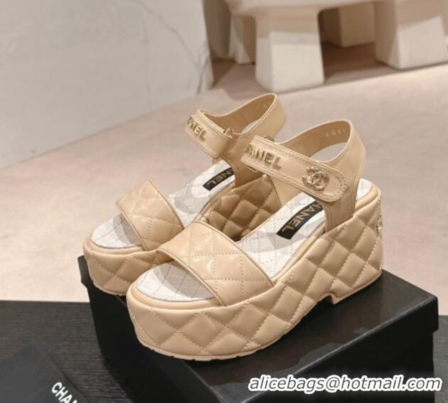 Best Grade Chanel Quilted Lambskin Wedge Platform Sandals 7.5cm Beige 424024