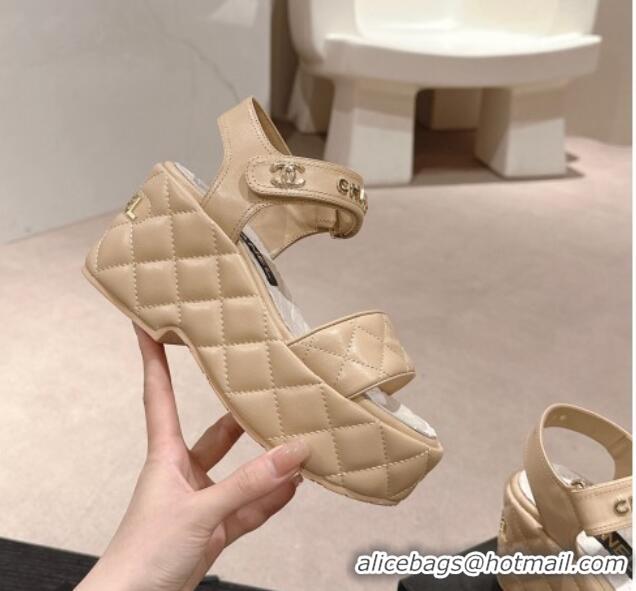 Best Grade Chanel Quilted Lambskin Wedge Platform Sandals 7.5cm Beige 424024