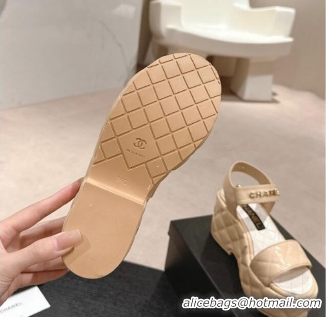 Best Grade Chanel Quilted Lambskin Wedge Platform Sandals 7.5cm Beige 424024