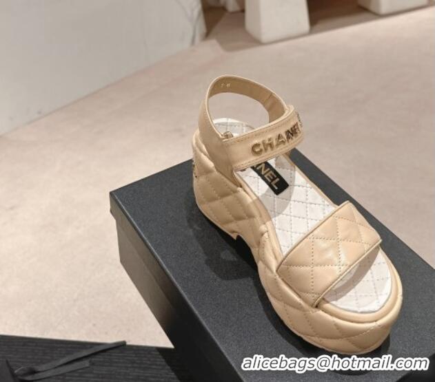 Best Grade Chanel Quilted Lambskin Wedge Platform Sandals 7.5cm Beige 424024