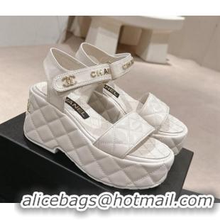 Best Product Chanel Quilted Lambskin Wedge Platform Sandals 7.5cm White 424025