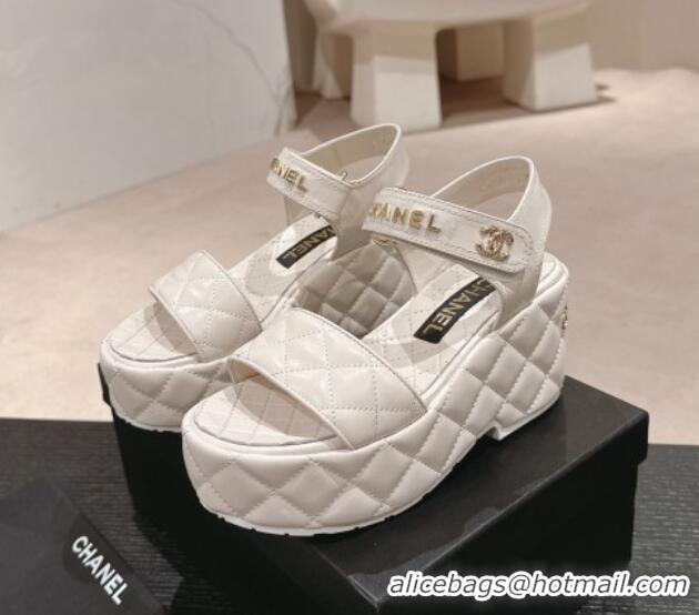 Best Product Chanel Quilted Lambskin Wedge Platform Sandals 7.5cm White 424025