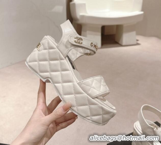 Best Product Chanel Quilted Lambskin Wedge Platform Sandals 7.5cm White 424025