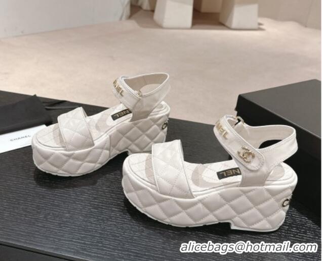 Best Product Chanel Quilted Lambskin Wedge Platform Sandals 7.5cm White 424025