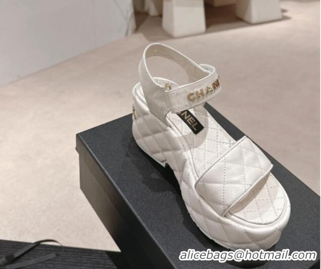 Best Product Chanel Quilted Lambskin Wedge Platform Sandals 7.5cm White 424025