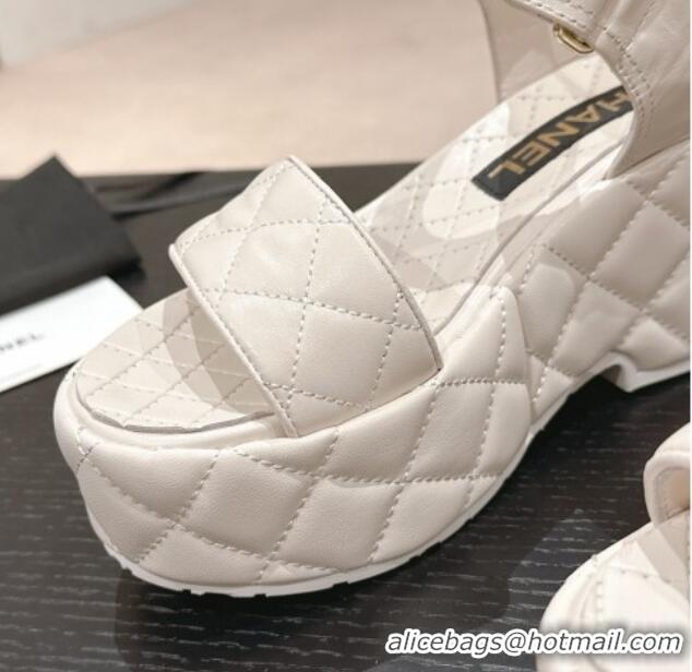 Best Product Chanel Quilted Lambskin Wedge Platform Sandals 7.5cm White 424025