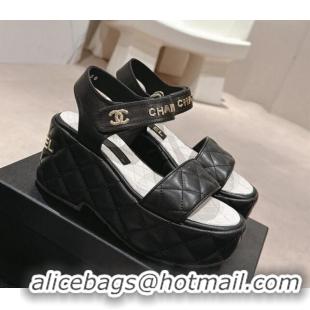 Good Looking Chanel Quilted Lambskin Wedge Platform Sandals 7.5cm Black 424026