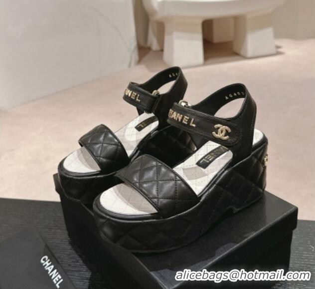 Good Looking Chanel Quilted Lambskin Wedge Platform Sandals 7.5cm Black 424026