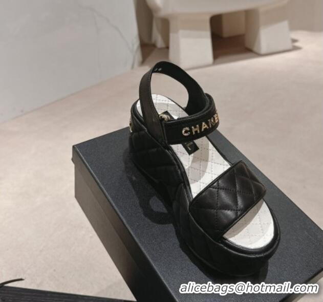 Good Looking Chanel Quilted Lambskin Wedge Platform Sandals 7.5cm Black 424026