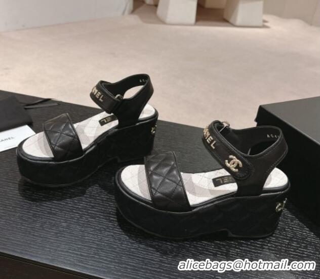 Good Looking Chanel Quilted Lambskin Wedge Platform Sandals 7.5cm Black 424026