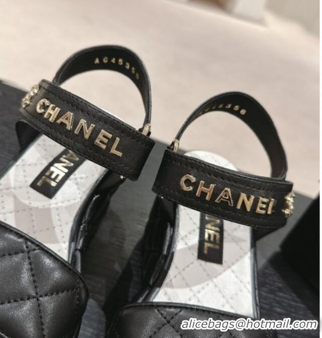 Good Looking Chanel Quilted Lambskin Wedge Platform Sandals 7.5cm Black 424026