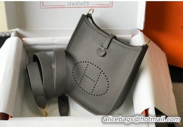 Free Shipping Hermes Evelyne Mini Bag 18cm in Togo Leather H1048 Tin Grey/Gold 2023 (Half Handmade)