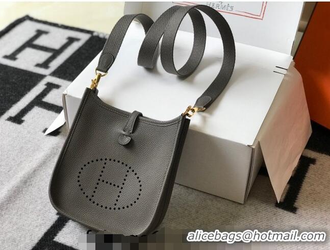 Free Shipping Hermes Evelyne Mini Bag 18cm in Togo Leather H1048 Tin Grey/Gold 2023 (Half Handmade)