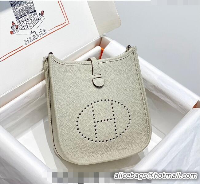 Top Grade Hermes Evelyne Mini Bag 18cm in Togo Leather H1048 Pearl Grey/Silver 2023 (Half Handmade)