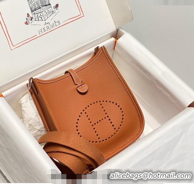 Unique Grade  Hermes Evelyne Mini Bag 18cm in Togo Leather H1048 Brown/Silver 2023 (Half Handmade)