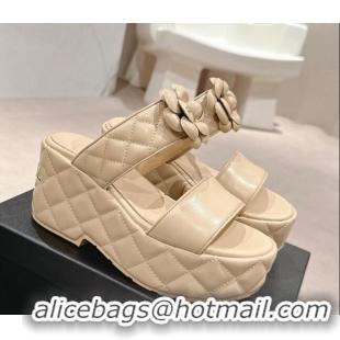 Luxury Chanel Quilted Lambskin Wedge Platform Slide Sandals 7.5cm with Camellia Beige 424027