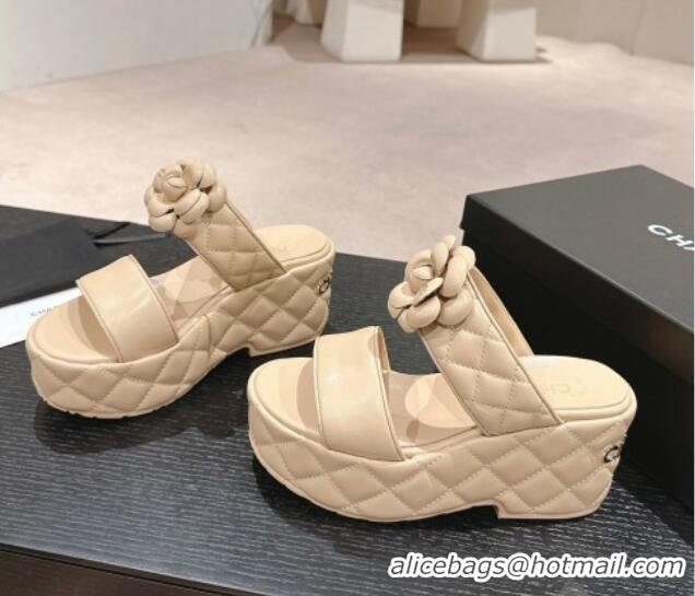 Luxury Chanel Quilted Lambskin Wedge Platform Slide Sandals 7.5cm with Camellia Beige 424027