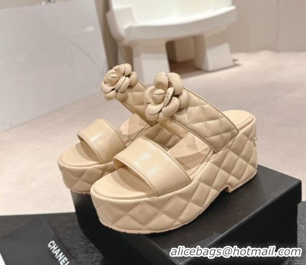 Luxury Chanel Quilted Lambskin Wedge Platform Slide Sandals 7.5cm with Camellia Beige 424027