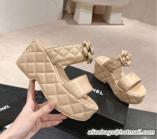 Luxury Chanel Quilted Lambskin Wedge Platform Slide Sandals 7.5cm with Camellia Beige 424027