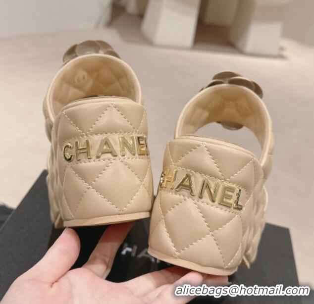 Luxury Chanel Quilted Lambskin Wedge Platform Slide Sandals 7.5cm with Camellia Beige 424027