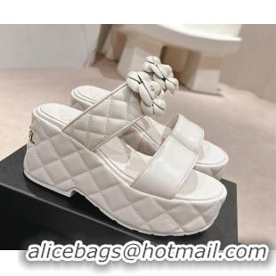 Discount Chanel Quilted Lambskin Wedge Platform Slide Sandals 7.5cm with Camellia White 424028